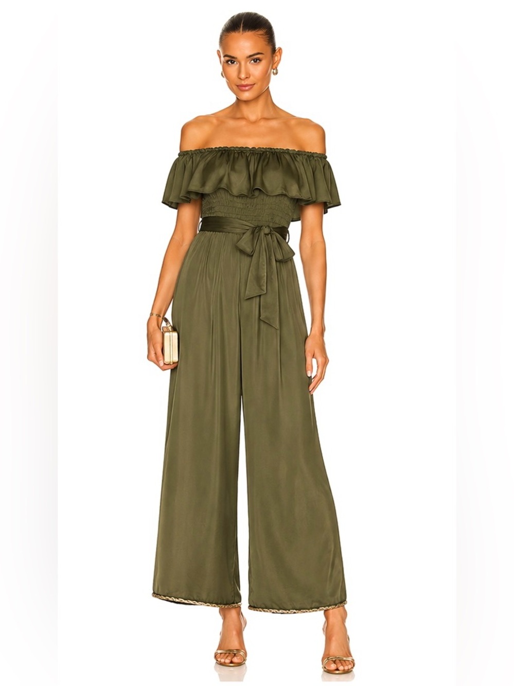 Misa Los Angeles Olive Off-the-Shoulder Wide-Leg Jumpsuit with Tie Waist